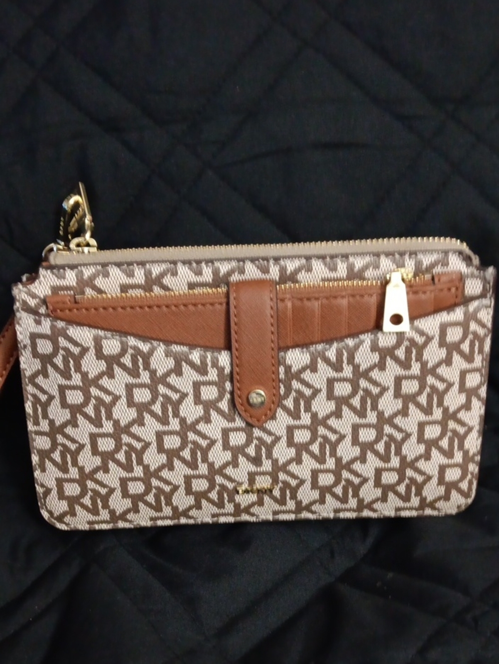 Brown Donna Karan Monogram Wristlet Wallet with Gold Hardware